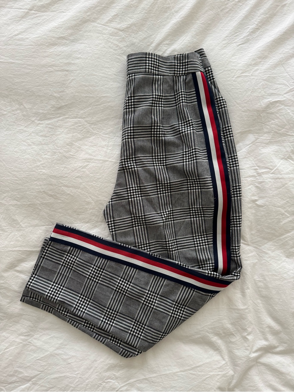 ASOS Gray Plaid Pants with Red, Navy & White Side Stripes